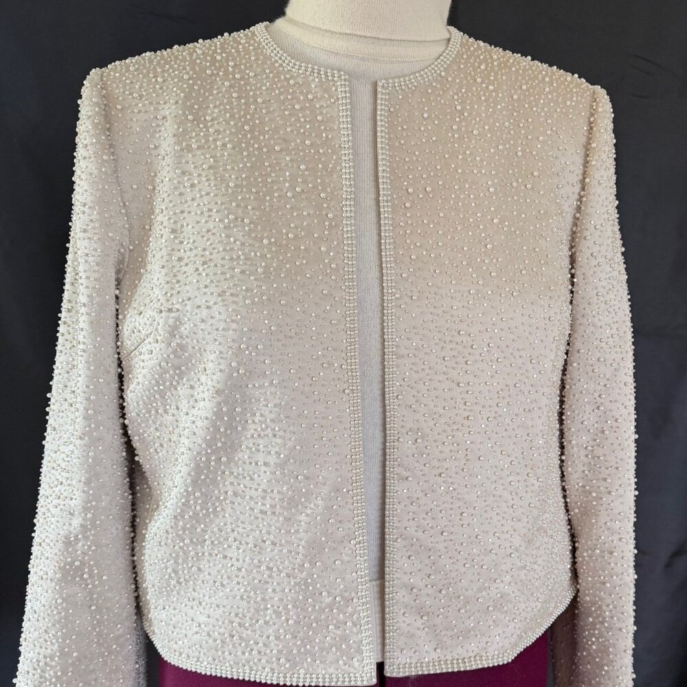 Oleg Cassini 'Black Tie' party jacket, oyster, beaded with pearls, Size US 12-14